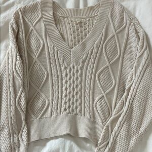Cable Knit V-Neck Sweater - Cream